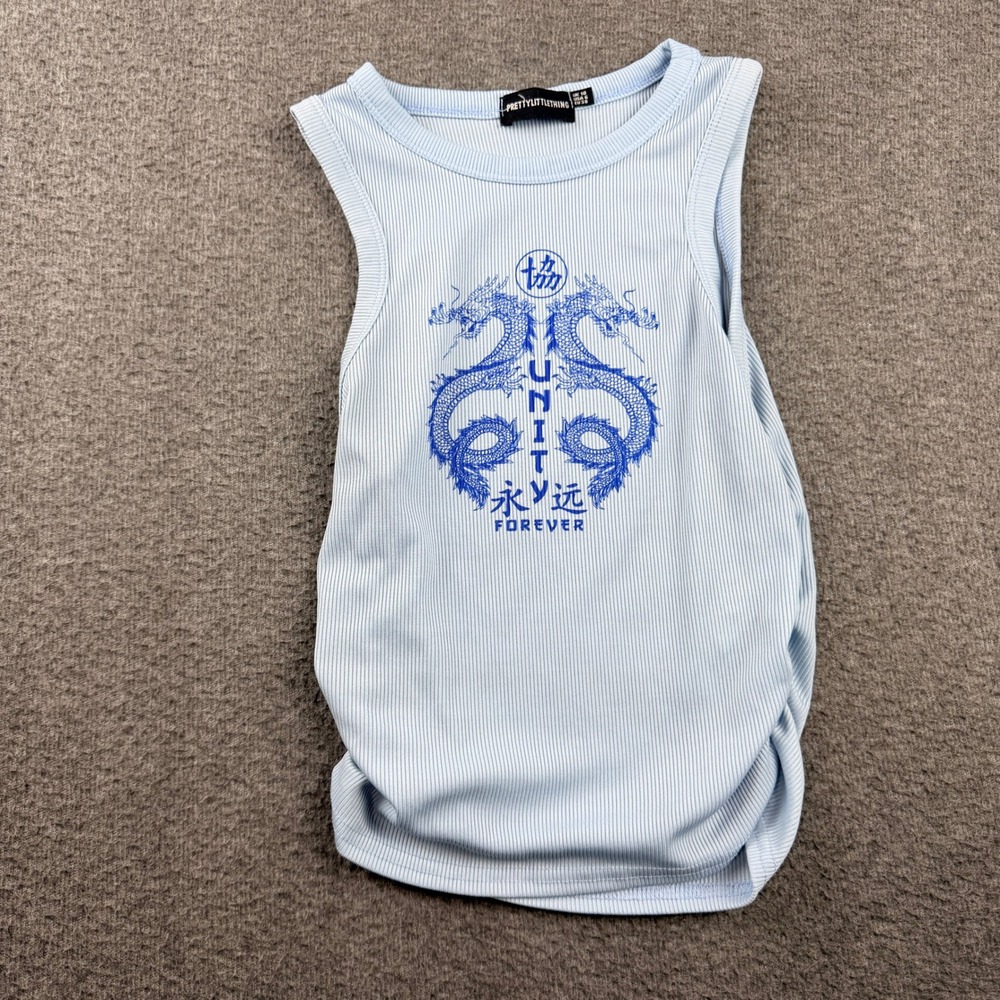 PrettyLittleThing Women's Size 6 Light Blue Ribbed Dragon Graphic‎ Tank Top